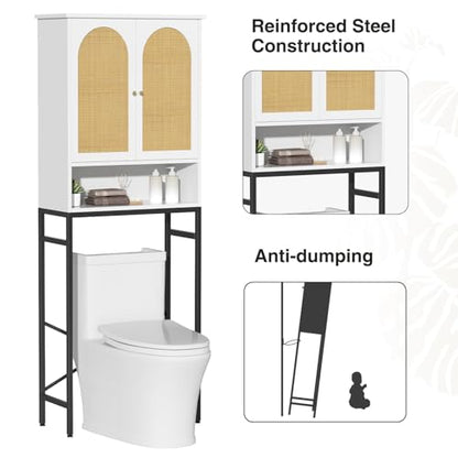 Befrases Rattan Over Toilet Storage Cabinet with Metal Stand | Bathroom Organizer with Adjustable Shelf, Tall Freestanding Washer Shelf, Small Cupboard, Space Saver, White - color: Rattan Door-white