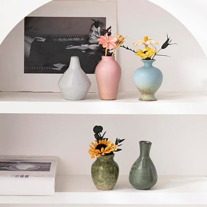 Ceramic Bud Vase Set of 5, Gradient Glaze Mini Small Vases | Ideal for living room, dining table, office desk, bedroom, fireplace mantle decor, or housewarming gift.