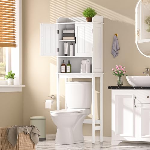 Yardenaler Over-The-Toilet Storage Shelf with Doors, Bathroom Freestanding Space Saver Organizer with Adjustable Shelf, White - color: White