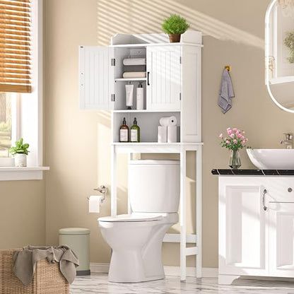 Yardenaler Over-The-Toilet Storage Shelf with Doors, Bathroom Freestanding Space Saver Organizer with Adjustable Shelf, White - color: White