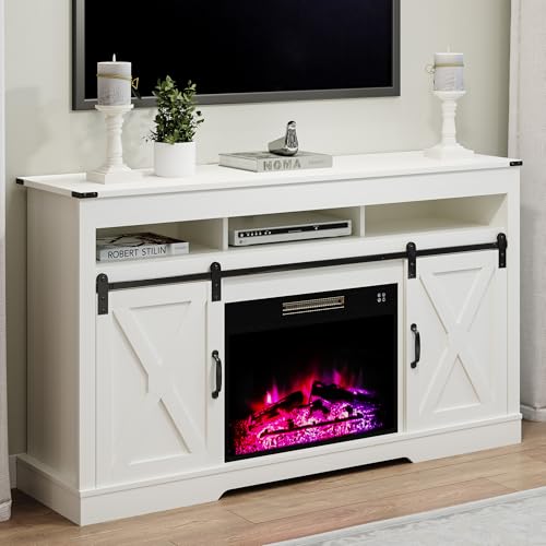RoyalCraft Farmhouse Fireplace TV Stand for 65+ Inch TV, Entertainment Center with 23" Electric Fireplace with Remote, 34" Tall Modern Rustic TV Console with Sliding Bar Door for Living Room, White - color: White, style: Electric Fireplace Included