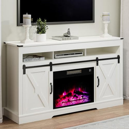 RoyalCraft Farmhouse Fireplace TV Stand for 65+ Inch TV, Entertainment Center with 23" Electric Fireplace with Remote, 34" Tall Modern Rustic TV Console with Sliding Bar Door for Living Room, White - color: White, style: Electric Fireplace Included