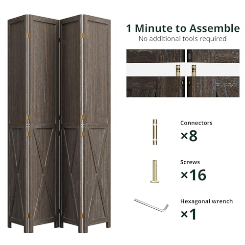 4 Panel Folding Room Divider, Solid Wood Privacy Screen, Freestanding Partition Wall, Temporary Wall for Home/Office/Bedroom/Restaurant, Rustic Brown - color: Rustic Brown