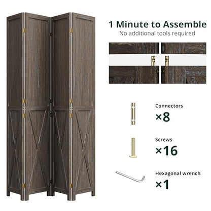 4 Panel Folding Room Divider, Solid Wood Privacy Screen, Freestanding Partition Wall, Temporary Wall for Home/Office/Bedroom/Restaurant, Rustic Brown - color: Rustic Brown