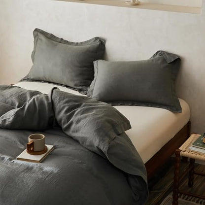 Simple&Opulence 100% Linen Duvet Cover Set with Crossed Embroidery Washed - 3 Pieces (1 Duvet Cover with 2 Pillow Shams) Soft Breathable Farmhouse - Cushing Green, Queen Size - color: Crossed-cushing Green, size: Queen