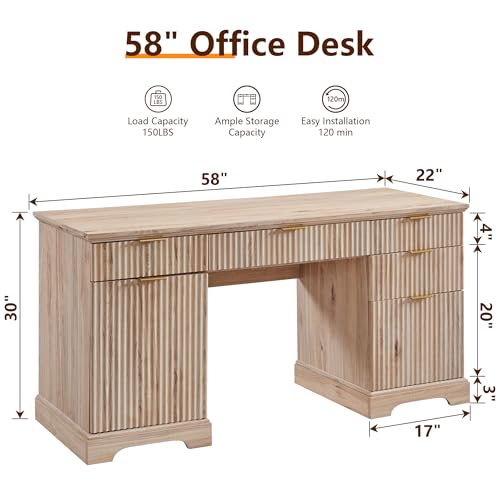 58" Modern Executive Desk with Storage, Wood Home Office Desk with 5 Drawers & 1 Cabinet, Fluted Computer Writing Desk for Study, Living Room, Bedroom, Natural Oak - color: Oak, size: 22"D x 58"W x 30H"