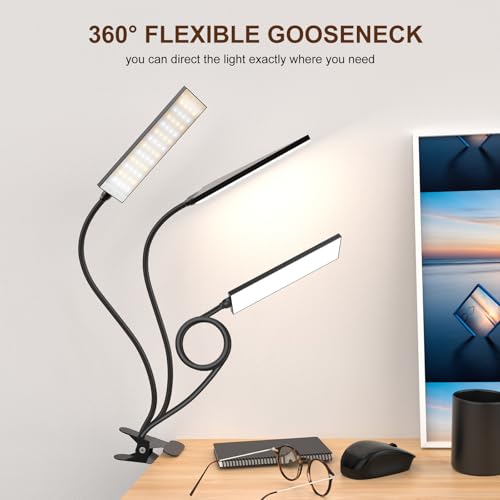Clip on Desk Lamp, Flexible Reading Light | 5W LED Book Light, 3 Color & 6 Brightness Levels, USB Powered Adjustable Neck Lamp for Desk, Bedside, Study, Office - color: Dark Black