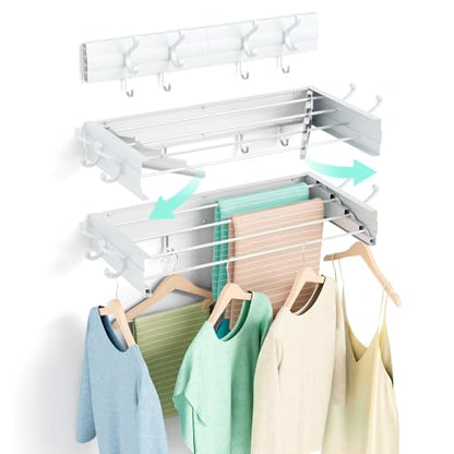 BAKON Wall Mounted Foldable Clothes Drying Rack - Indoor Outdoor Laundry Drying Rack with 4 Hooks & 4 Poles, Space Saving Concealed Design for Storage (23.6"【Upgrade】) - size: 23.6'' with 4 Hooks
