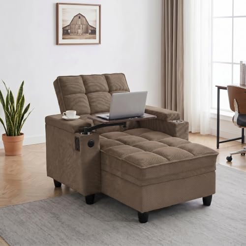 Convertible Sleeper Chair, Pull Out Sofa Bed with Adjustable Backrest & Hidden Storage Armrest, Single Sofa Recliner with USB Charging Port & Cup Holders for Living Room, Bedroom, Coffee - color: C-coffee-l2