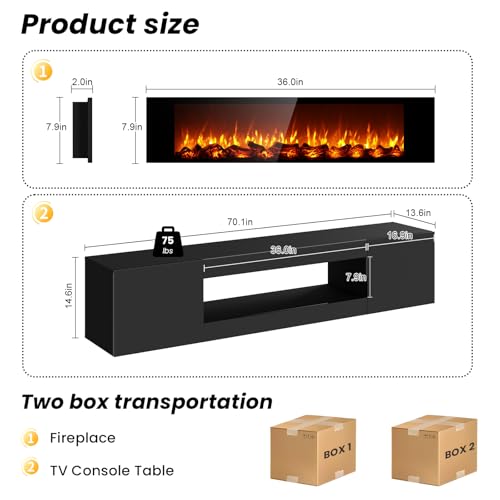 70'' Floating TV Stand with Fireplace, Wall Mounted Fireplace Entertainment Center with Storage for TVs Up to 80", High Gloss TV Cabinet for Living Room, No Heat Log Fireplace, Black - color: Black, size: 70" w/14"H