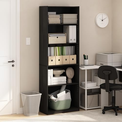 Furinno GEHRY Book Shelf, 5-Tier Bookshelf with Open Shelf, Standing Bookcase with Adjustable Shelves, 11.6 x 24.8 x 71.4, for Living Room, Bedroom, Home Office, Blackwood - color: Blackwood, size: 5-Tier, 11.6 x 25 x 71.4