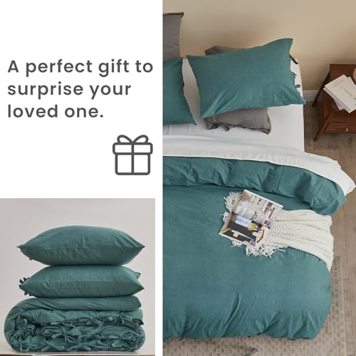 BISELINA 100% Washed Cotton Duvet Cover Set 3pcs with Bowknot Ties Strap Solid Color Linen Like Textured Durable Breathable Soft Comfy Chic Bedding (Twin, Dark Green) - color: Dark Green, size: Twin