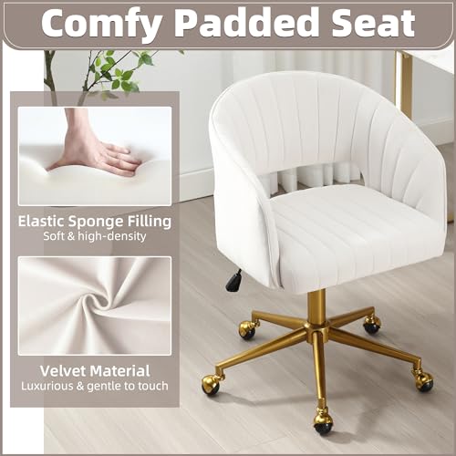 Desk Chair with Wheels, Gold Base, Velvet Accent Vanity Armchair, Off-White | Spacious‌ Soft Seat, Swivel Height Adjustable, Rocking Function, Modern Stripe for Girls &Women Bedroom Makeup or Nail - color: Off-white Cream Velvet