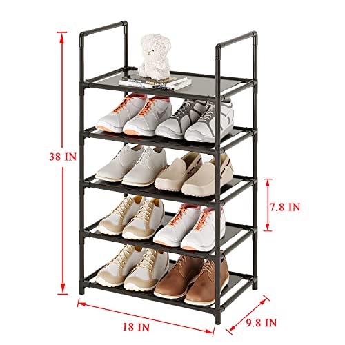 5 Tier Stackable Small Shoe Rack,Narrow Sturdy Shoe Shelf Organizer, Non-Woven Fabric Metal Free Standing Shoe Racks for Entryway, Hallway and Closet (Black) - size: 5-Black