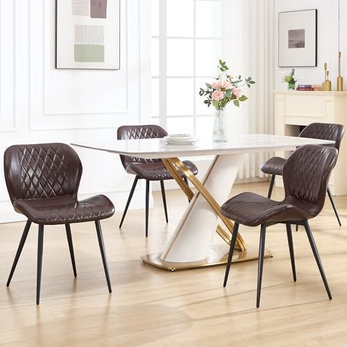 Dining Chair, Comfy Modern Dining Chairs with Thick Cushions, Upholstered Faux Leather Kitchen Side Chairs with Adjustable Metal Legs for Dining Room (Coffee) - color: Coffee, size: Set of 1