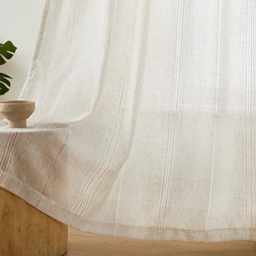 MYSKY HOME Natural Linen Boho Curtains for Living Room 84 Inches Long Light Filtering Semi Sheer Privacy Drapes for Bedroom, Farmhouse Rustic Hollowed-Out Home Decor Back Tab, 50" W×84" L, 2 Panels - color: Linen, size: 50"W x 84"L (Pack of 2)