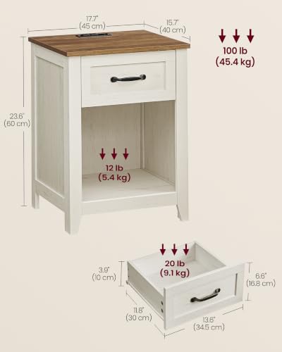 VASAGLE Farmhouse Nightstand with Charging Station, 1 Drawer | Bedside Table, Side Table with Open Compartment, for Bedroom, Rustic White and Honey Brown, LIRY Collection ULET659K41 - color: Rustic White + Honey Brown, size: 1 PACK, style: 17.7"W x 23.6"H