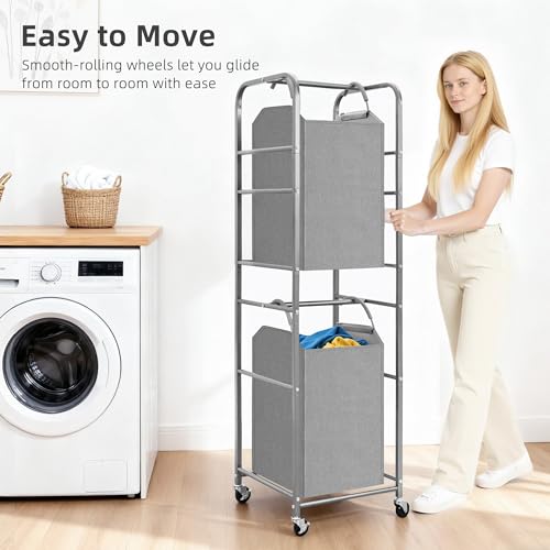 STORAGE MANIAC 2 Tier Vertical Laundry Hamper, 2 Section Laundry Sorter with 2 Removable Tote Bags, Rolling Clothes Basket for Towels, Blankets, Tall Dirty Clothes Hamper for Closet, 2 Bags Gray - size: 2 Section