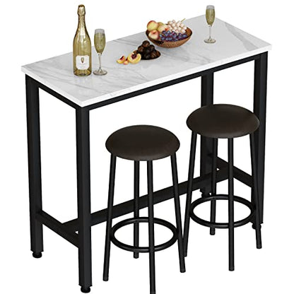 AWQM 39.3" Bar Table Set of 2,Faux Marble Pub Height Table and Chairs Set of 2 with Upholstered Stools,3 Piece Bar Table and Chairs Set Dining Table Set for Living Room,Kitchen,Bar,White & Brown - style: Modern 39.3"