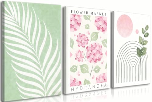 Framed Green and Pink Bathroom Decor,Boho Botanical Canvas Wall Art Set of 3, Pink Hydrangea & Sage Palm Prints, Wall Decor for Girls Room Bedroom Living Room Bathroom, 12x16 Inch - color: Framed - Pink And Green Leaves Wall Art, size: 12"L x 16"W x 3Piec