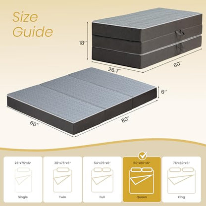 Tri Folding Mattress Queen Size - 6 Inch Dual-Layer Memory Foam Foldable Mattress Portable Floor Bed Sofa with Removable Washable Cover, Handle & Non-Slip Bottom for Travel,RV,Camping,Guest,Yoga - size: Queen