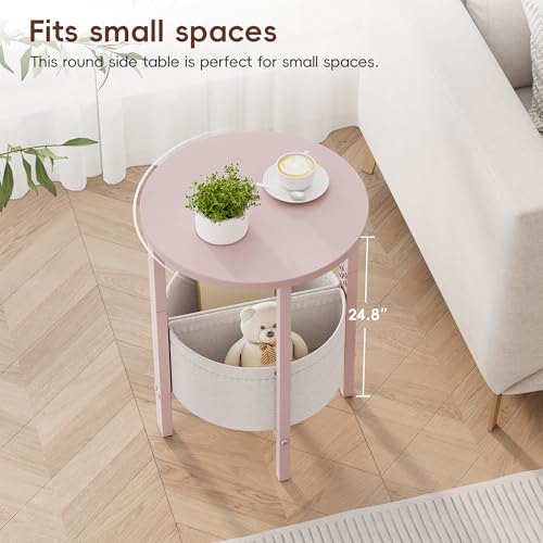 Small Round Side Table, Accent End Table with Storage Basket, Set of 2 Half Round Coffee Table End Table, Half Moon Bedside Table, Modern Nightstand Couch Table for Living Room Bedroom, Pink - color: Pink