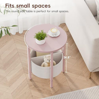 Small Round Side Table, Accent End Table with Storage Basket, Set of 2 Half Round Coffee Table End Table, Half Moon Bedside Table, Modern Nightstand Couch Table for Living Room Bedroom, Pink - color: Pink