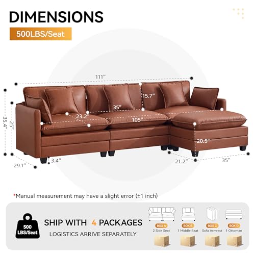 111'' Sectional Cloud Deep Seat Couch, Modern Comfy Leather L Shaped Sectional Sofa for Living Room Set, Upholstered Modular 4-Seats Sofa Couch with 1 Movable Ottoman, Leather Brown - color: Pu-dark Brown, size: 111'' L Shape