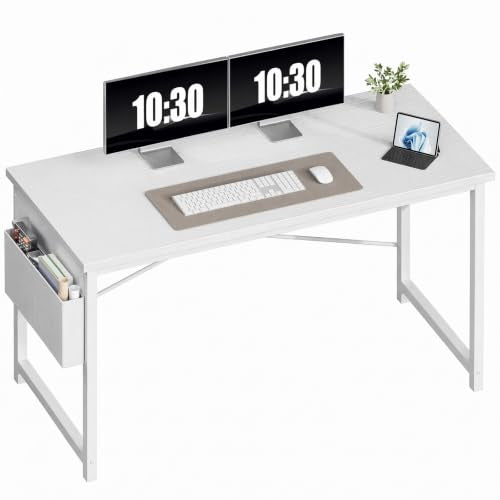 OLIXIS Computer Desk, 55 Inch Gaming Desks for Home Office Small Spaces | Writing Study Craft Work Table, Computer Workstation for Bedroom with Storage Bag, All White - color: White Table Top &White Legs, size: 55 Inch