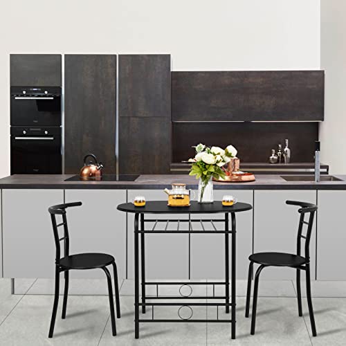 VINGLI 3 Piece Dining Set,Small Kitchen Table Set for 2,Breakfast Table Set,Kitchen Wooden Table and 2 Chairs for Small Space/Dining Room/Apartment,Metal Frame,Wine Rack,Black - color: Black