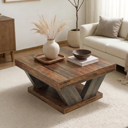 LITTLE TREE Coffee Table, Farmhouse Coffee Table with Large Storage Shelf | 2-Tier Rustic Wood Modern Center Table for Living Room、Home Office, Brown and Black - color: Black+brown