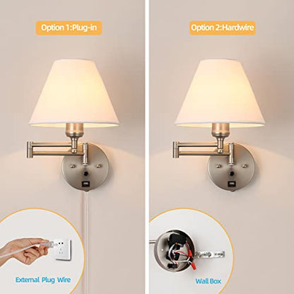 Swing Arm Wall Sconces, Plug-in Wall lamp,Bedroom Wall lamp ， White Fabric Shade，，with dimmable Switch and USB Charging Port, Suitable for Bedside, Living Room, Reading (Nickel) - color: Nickel
