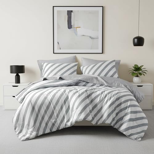 Reversible Striped King Comforter Set-Bed in A Bag 7-Pieces Bedding Set with Double-sided Stripes Design-Warm & Cozy Bed Set Includes King Size Comforter, Sheets set, Pillowcases and Shams, Grey - color: Grey, size: King