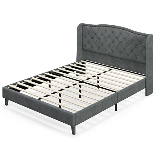 Upholstered Queen Bed Frame w/Wood Slats & Noise-Free EVA Foam | Velvet Mattress Foundation, Button Tufted Wingback Headboard, No Box Spring Needed, Low Platform Bed Frame - size: Queen (U.S. Standard)
