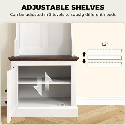 HOMCOM 3-in-1 Hall Tree with Shoe Storage, Shoe Bench, White Wood Grain | Standing Coat Rack, Entryway Furniture, Three Hooks - color: White Wood Grain