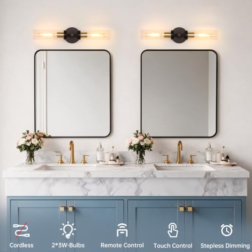 Shenmoyl Set of 2 Wall Sconces, 7800 mAh Battery Operated Wall Sconce with 3 Colors & Remote Control, Black Gold Rechargeable Wall Lamp with Clear Glass Shade for Bedroom, Bathroom, Stairwell, Hallway - color: Double-head Black&Gold - Clear Glass