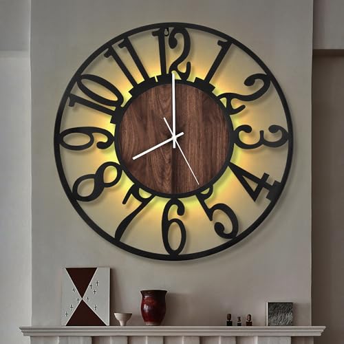 LEIKE Large LED Wall Clocks,Silent,Non Ticking,Battery Operated Rustic Round Modern Big Wood Wall Clock for Living Room, Bedroom,Kitchen,Farmhouse,Office,Home Decor -24" Black,LED,Arabic Number - color: Led-black Wood-arabic Number, size: 24 IN