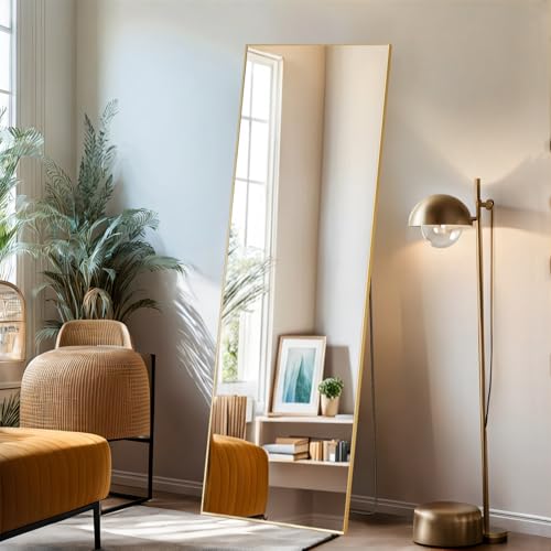 Mirror Full Length, 16"x59" Body Wall Mirrors with Shatter-Proof Glass, Floor Standing, Hanging or Leaning, Tall Mirror with Stand Aluminum Alloy Frame for Bedroom Cloakroom - color: Gold, size: 59"L x 16"W, style: Rectangular