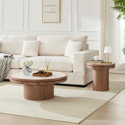 19.49 Round Side Table with Sintered Stone Tabletop & Sturdy Base, Modern MDF Circle Small Coffee Table Double Layer Tabletop End Table for Living Room, Easy Assembly - Walnut - color: 19.49" Side Table With Sintered Tabletop,walnut