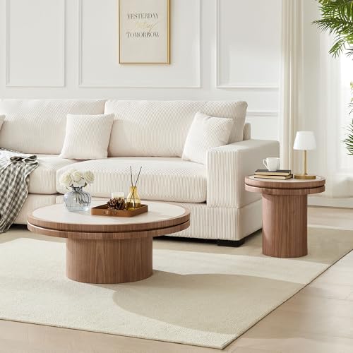 35.43 Round Coffee Table with Sintered Stone Tabletop & Sturdy Base, Modern MDF Circle Center Table Double Layer Tabletop Tea Table for Living Room, Easy Assembly - Walnut - color: 35.43" Coffee Table With Sintered Tabletop,walnut