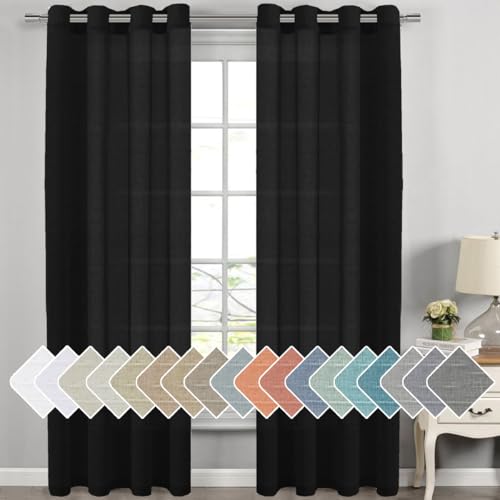 H.VERSAILTEX Linen Curtains Natural Blended Curtain Panels for Living Room/Light Reducing Linen Semi Sheer Curtains 108 inch Length 2 Panels Set Nickel Grommet Window Panels, 52" x 108", Black - color: Black, size: 52"W x 108"L (Pack of 2)
