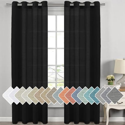 H.VERSAILTEX Linen Curtains Natural Blended Curtain Panels for Living Room/Light Reducing Linen Semi Sheer Curtains 108 inch Length 2 Panels Set Nickel Grommet Window Panels, 52" x 108", Black - color: Black, size: 52"W x 108"L (Pack of 2)