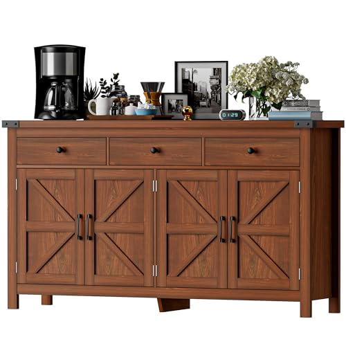VVFLU 63" Sideboard Buffet Cabinet with Storage, Coffee Bar with 3 Drawers and 4 Barn Doors, Long Wider Storage Cabinet Modern Farmhouse, Cherry Wood, for Kitchen, Dining Room, Living Room - color: Cherry/Wood, size: 15.7"D x 63"W x 35.2"H