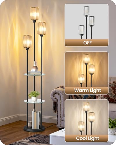 Black Floor Lamp with Shelves, Modern Floor Lamp with 3 Crystal Shades and Foot Switch, 3-Light Standing Lamp, for Living Room, Bedroom, Study, Office, Black B53LD05 - color: Black + Crystal Glass