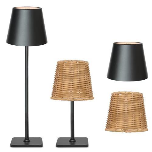 Mr. White Outdoor Waterproof Cordless Set of 2 Rechargeable Portable Top Touch Battery Operated Powered LED Table Lamp Desk Lamp Lights for Restaurant Kitchen Patio Dinner Dining (Black 2 Pack) - color: (2 Pack)Black+Wicker Lampshade