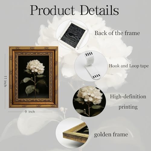 Vintage Gold Framed Wall Art White Hydrangea Wall Art Vintage Botanical Floral Wall Decor Picture Rustic Cottagecore Aesthetic Flower Poster Print for Living Room Bedroom 9x11in - color: Hydrangea, size: 11"l X 9"w