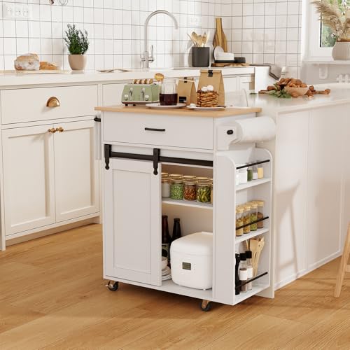 Kitchen Island with Storage, Mobile Kitchen Cart with Charging Station, Kitchen Island on Wheels, Rolling Island Table with Sliding Cabinet Door, White and Natural ZD01UWN - color: White + Natural