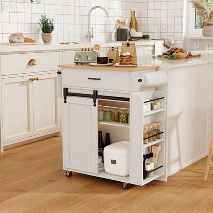 Kitchen Island with Storage, Mobile Kitchen Cart with Charging Station, Kitchen Island on Wheels, Rolling Island Table with Sliding Cabinet Door, White and Natural ZD01UWN - color: White + Natural