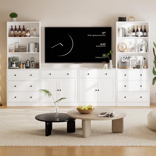 TUSY 71" Large TV Stand Set - TV Entertainment Center for TVs up to 65", Media Center with Tempered Glass Doors and Drawer, TV Hutch with Bookshelves for Living Room (White, BEEB) - color: White