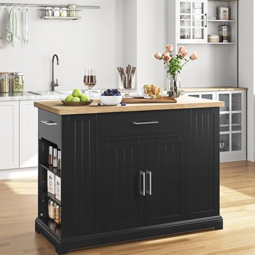 Yaheetech Rolling Kitchen Island Cart with 3 Drawers & Open Shelves, Black | Mobile Kitchen Island with Storage on Wheels with Adjustable Shelves, Thicke Rubberwood Top, for Dining Room/Living Room - color: Black